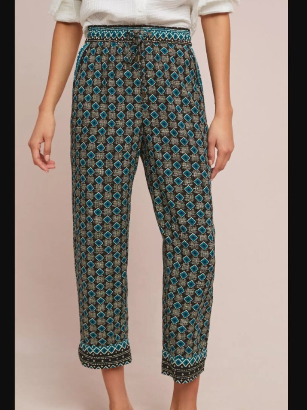 Anthropologie Geometric Print Jogger Pants Teal Blue Green Black Cropped Pull On